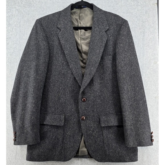 Vtg WFF Farah 100% Wool Blazer 42L Herringbone Tweed Sport Coat Gray Black USA